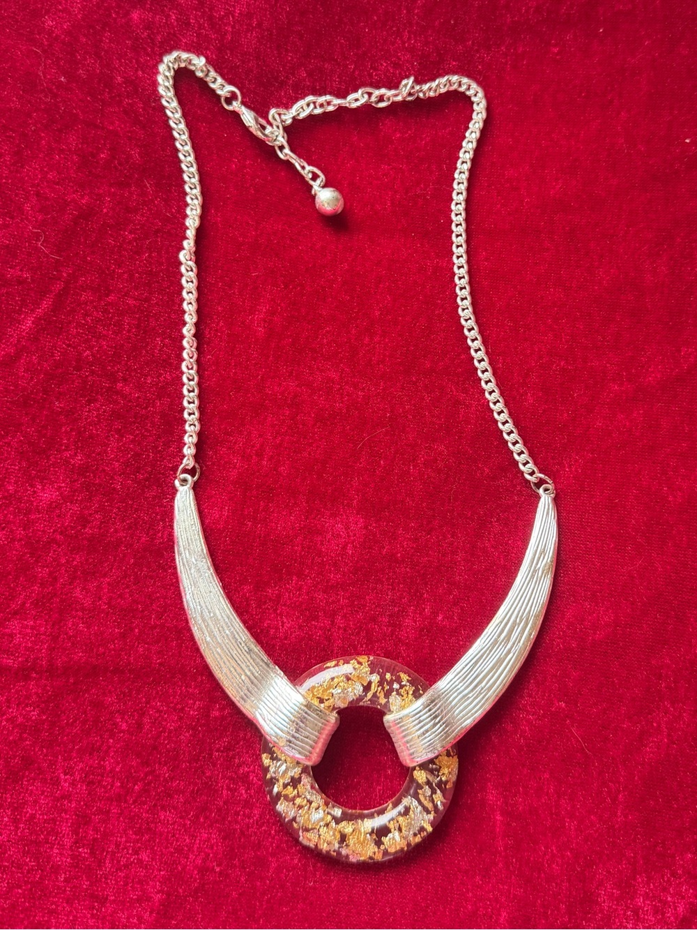 Y2K Vintage Modernist Ring Pendant Statement Necklace Mod Abstract Art Silver